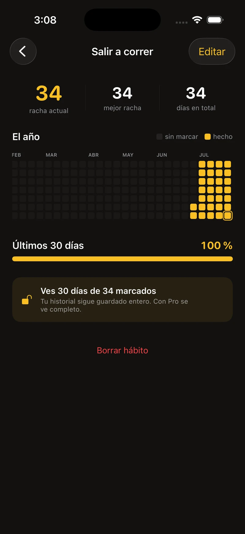 Detalle de un hábito en Rachas en modo oscuro